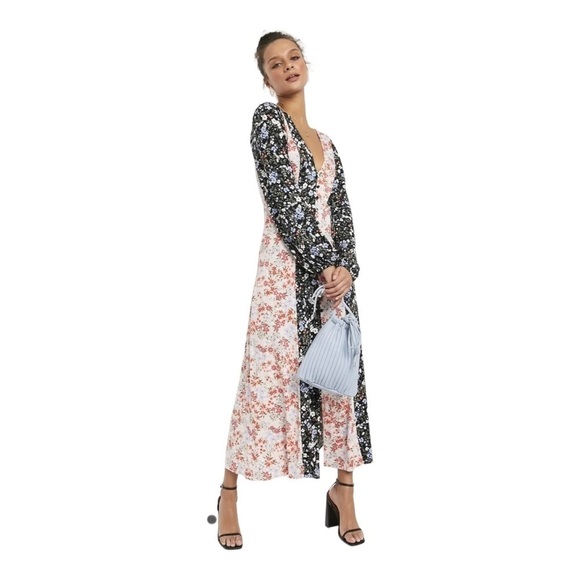 ASOS Curve Floral Colorblock Long Sleeve V-Neck Midi Dress White Black Size 18 - Picture 2 of 12